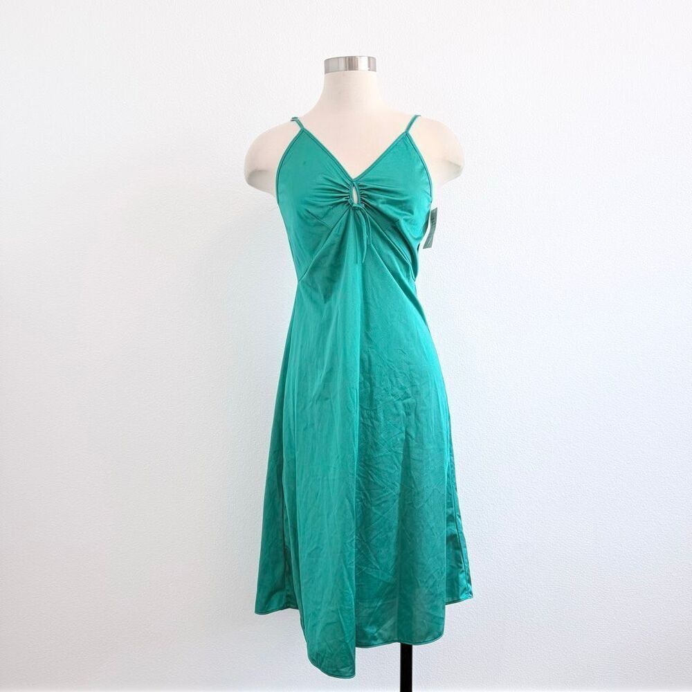 Hers Satin Teal Dress Nightgown Slip Keyhole Bow Small Deadstock Vintage